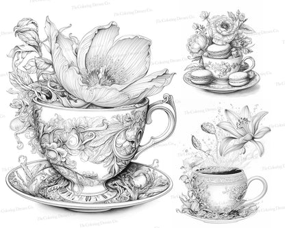 Tea Party Coloring Book, Flowers Coloring Page, Tea Pot Coloring Page, Printable PDF