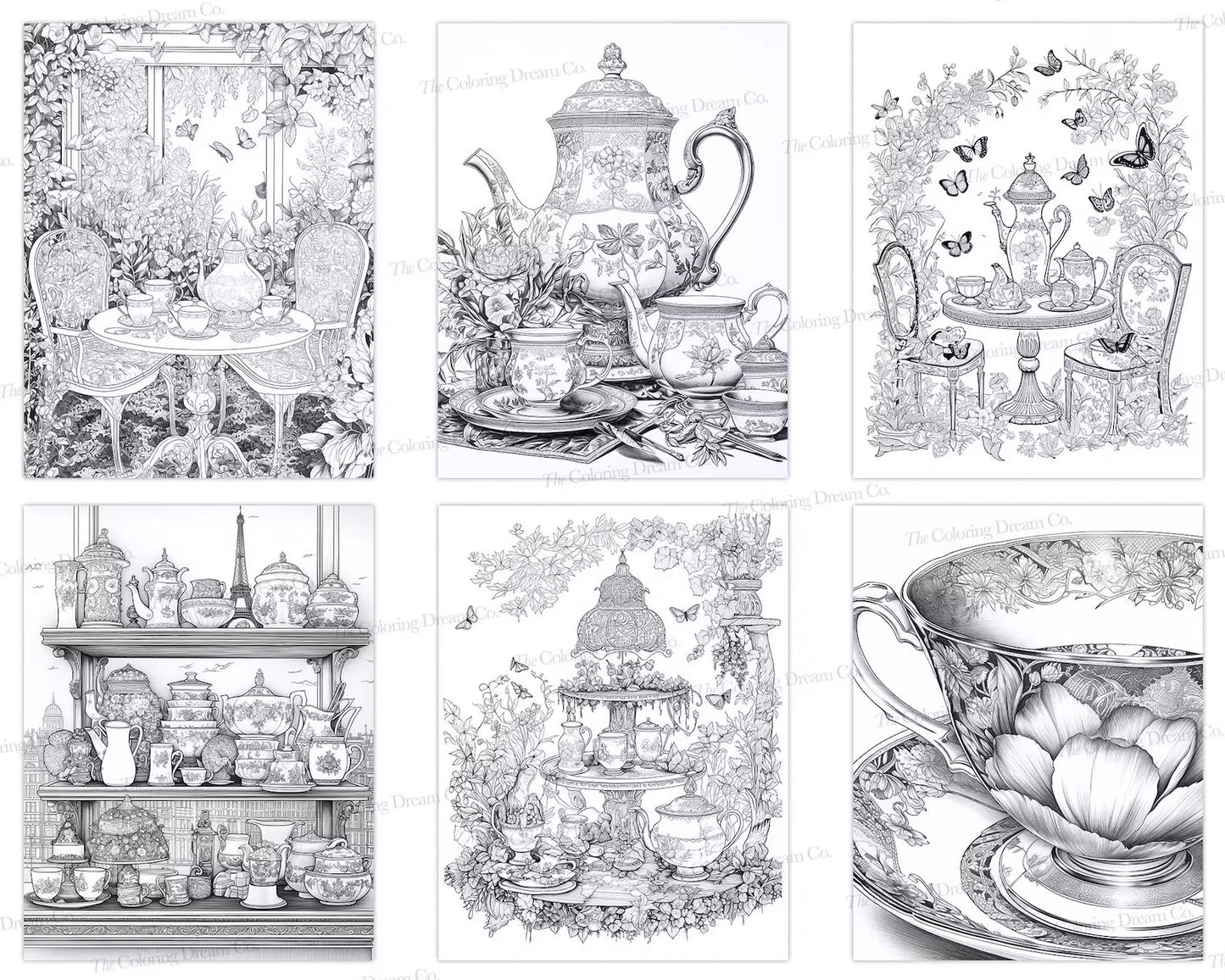 Tea Party Coloring Book, Flowers Coloring Page, Tea Pot Coloring Page, Printable PDF