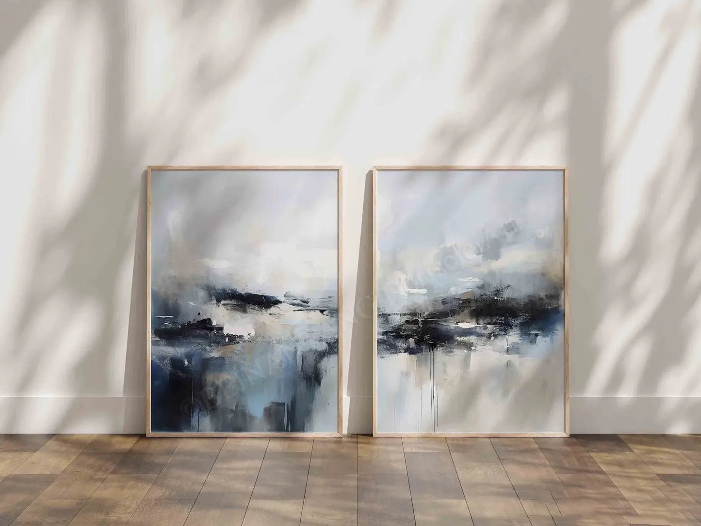 Set of 2 Navy Blue Abstract Acrylic Painting Art Print