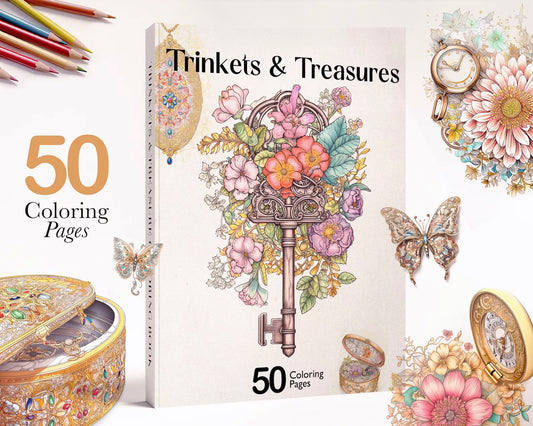 Whimsical Coloring Book of Trinkets & Treasures, Flowers Vintage Jewelry Coloring Pages PDF