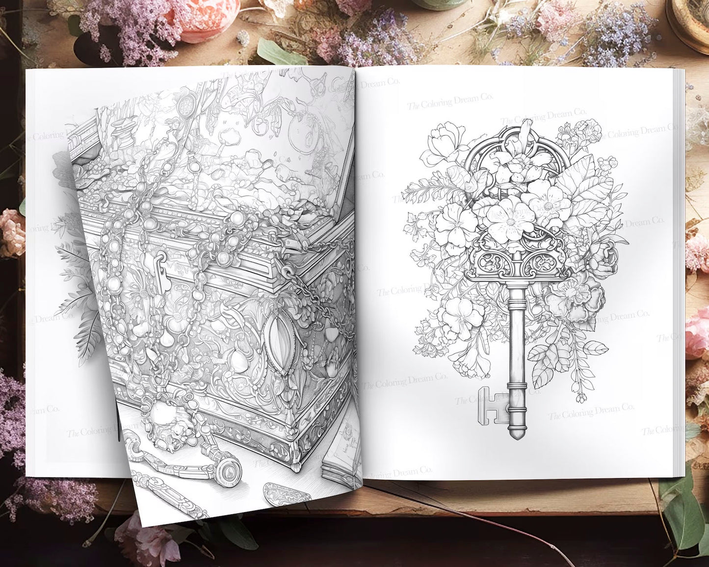 Whimsical Coloring Book of Trinkets & Treasures, Flowers Vintage Jewelry Coloring Pages PDF