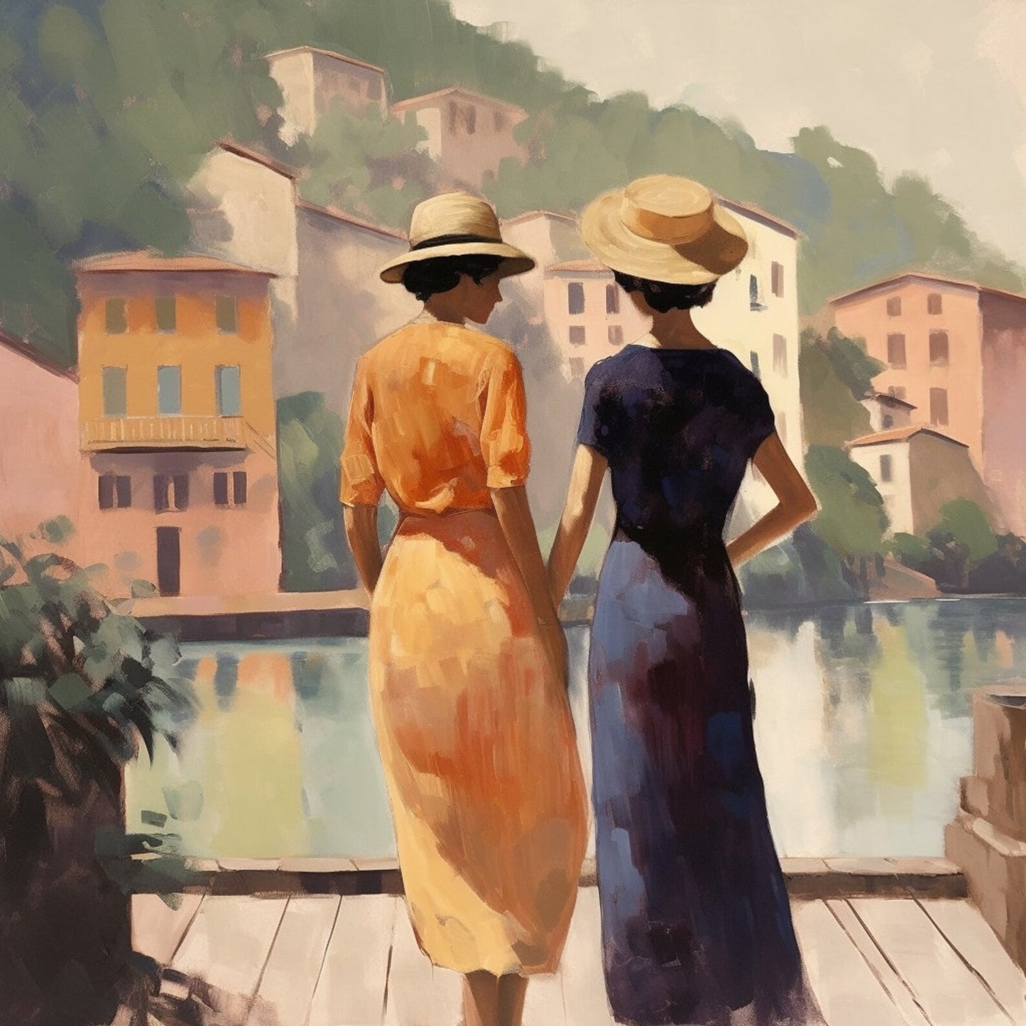 Lesbian Couple in Italy | Set of 4 Sapphic Impressionist Wall Art Download