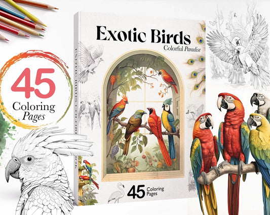 Exotic Birds Coloring Book, Tropical Birds, Printable Coloring  PDF