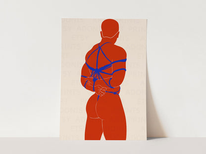 Tied Up Guy, Shibari BDSM Wall Art, Male Figure Sketch