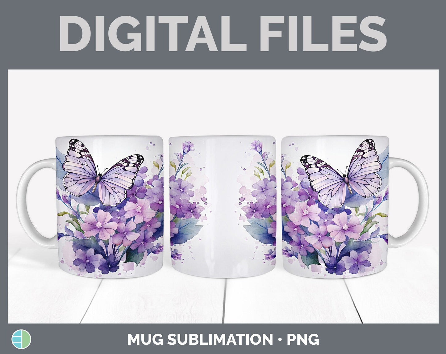 Set of 6 Purple Butterfly Mug Wrap PNG Sublimation Designs