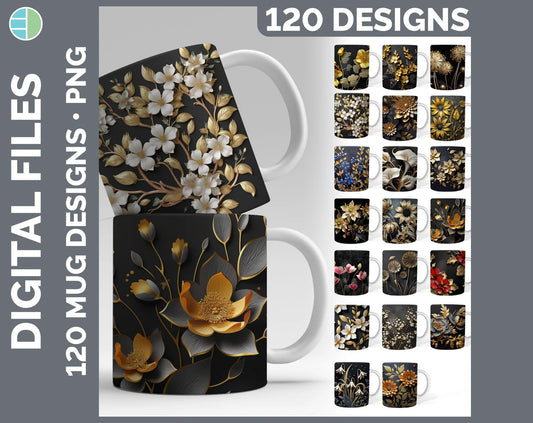 120 Black and Gold 3D Flowers Mug Sublimation