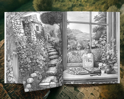 French Countryside Whimsical Coloring Book, Nature Landscapes, Printable Coloring Pages PDF