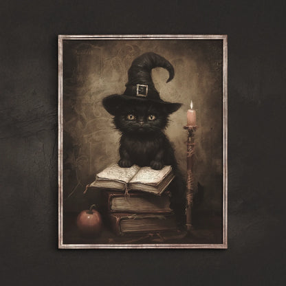 Whimsical Black Cat with Spell Book Poster – Halloween Wall Art Decor