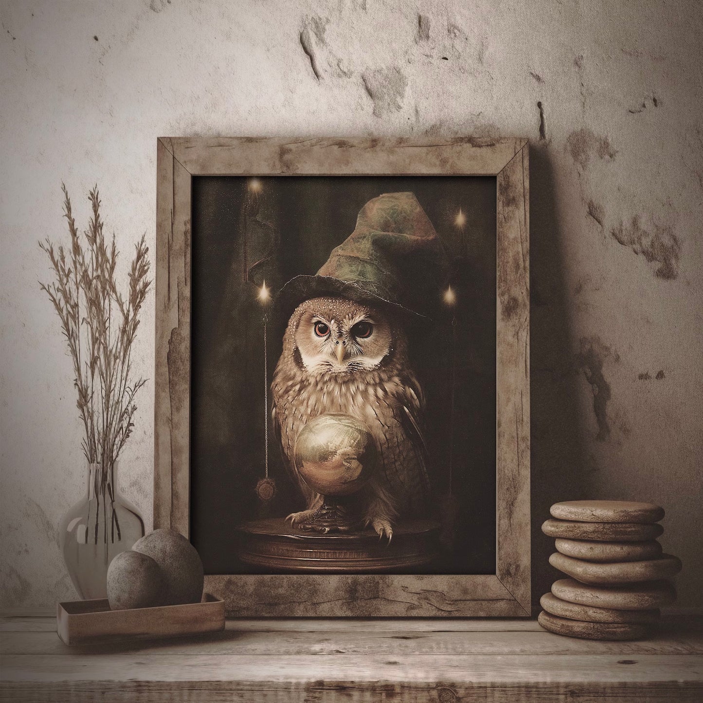 Cute Witchy Fortune Teller Owl Poster – Rustic Autumn Wall Art Decor