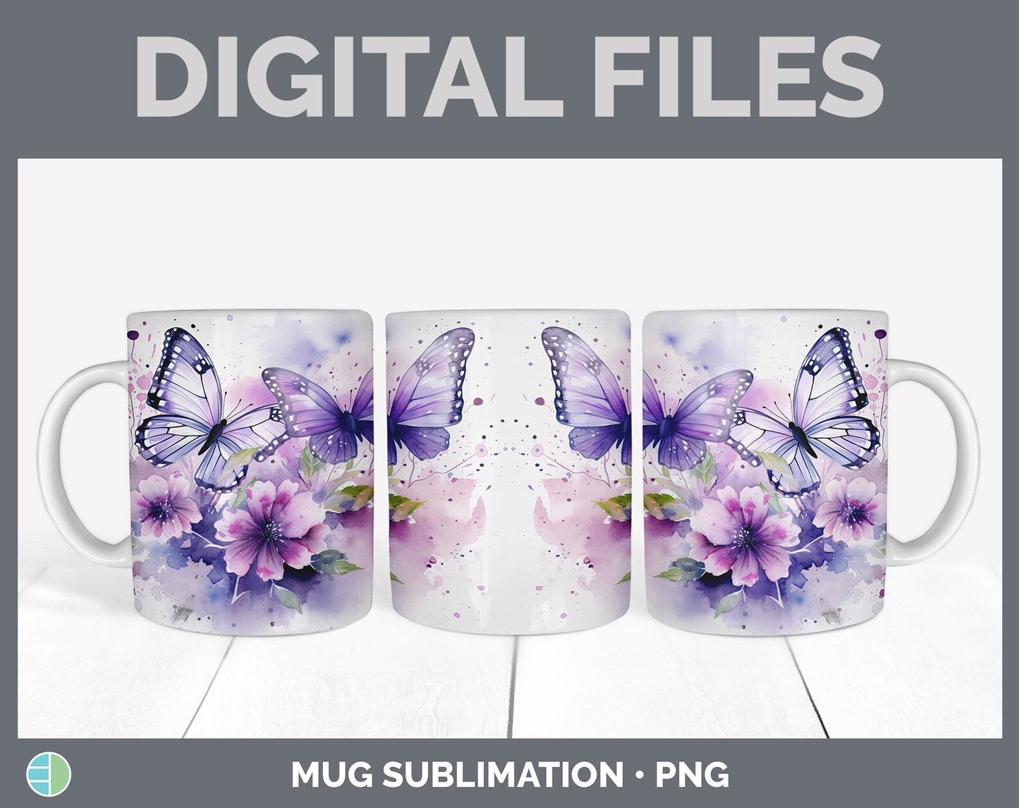 Set of 6 Purple Butterfly Mug Wrap PNG Sublimation Designs