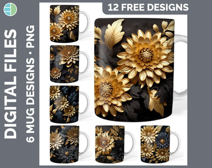 120 Black and Gold 3D Flowers Mug Sublimation