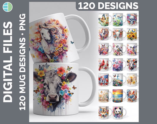 120 Watercolor Mug Wrap PNG Sublimation Mega Bundle
