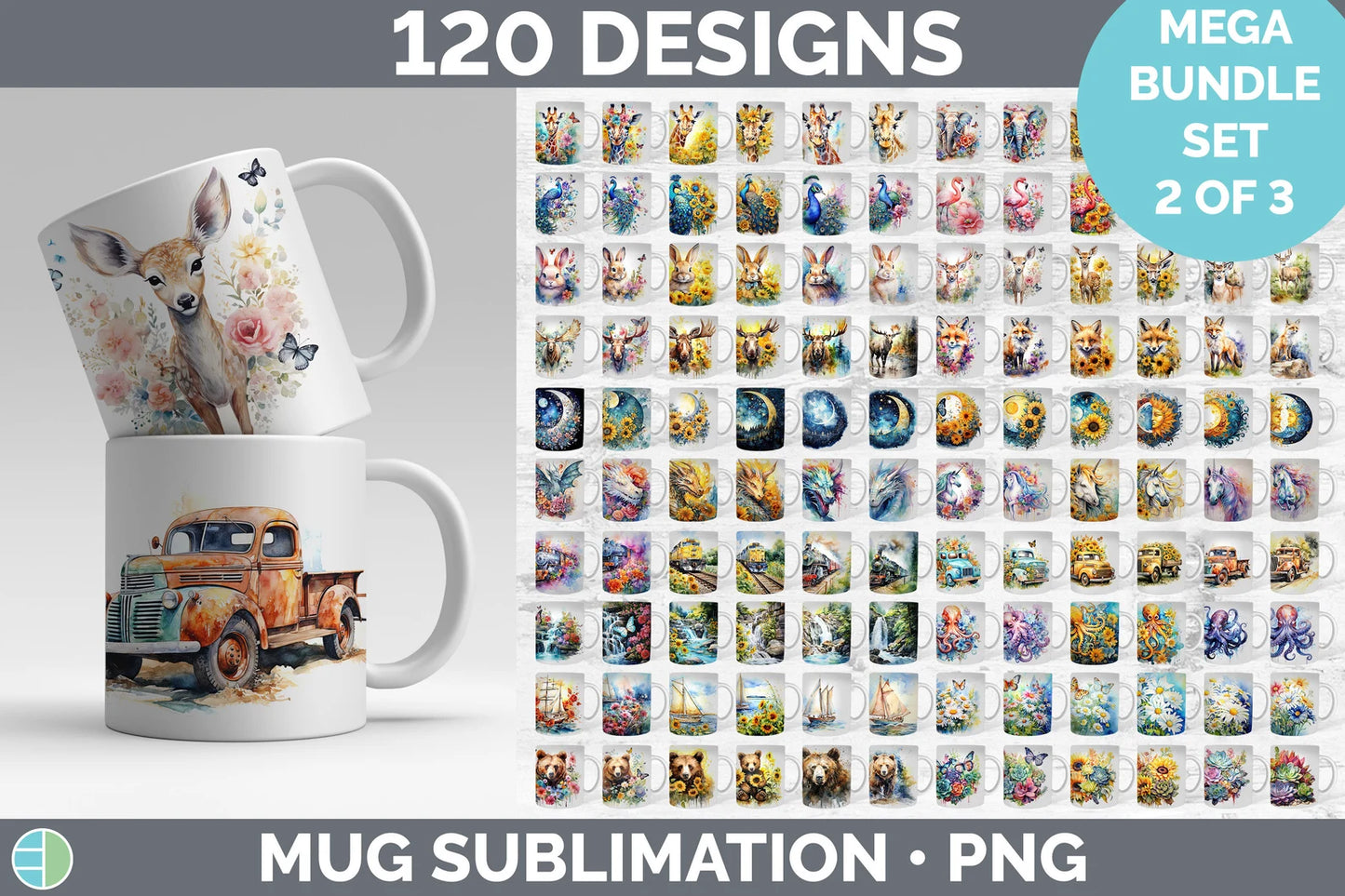 120 Watercolor Mug Wrap Sublimation PNG Mega Bundle