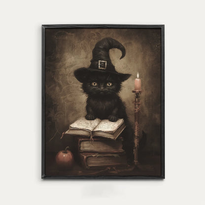 Whimsical Black Cat with Spell Book Poster – Halloween Wall Art Decor