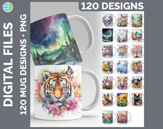 120 Watercolor Mug Wrap PNG Sublimation Designs Mega Bundle