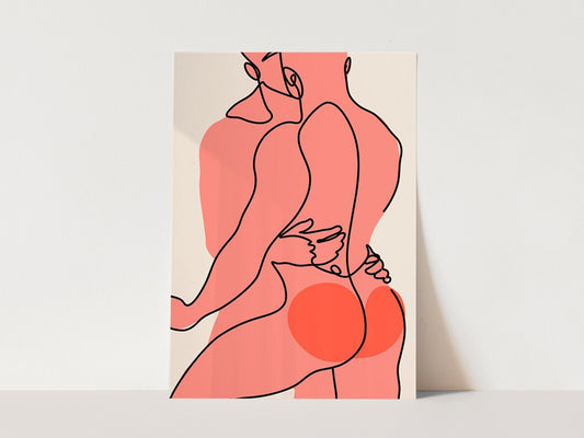 Gay Couple Abstract Nude Art Print, Gay Couple Wall Art, Gay Couple Gift, Nude Male, Line Drawing, Male Figure Sketch, Beige Pink Red