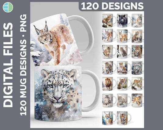 120 Winter Big Cats Mug Wrap PNG Sublimation Designs Mega Bundle