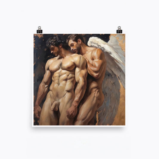 Muscle Male Couple Hugging Nude Figures, Angel Wings, Gay Art Download