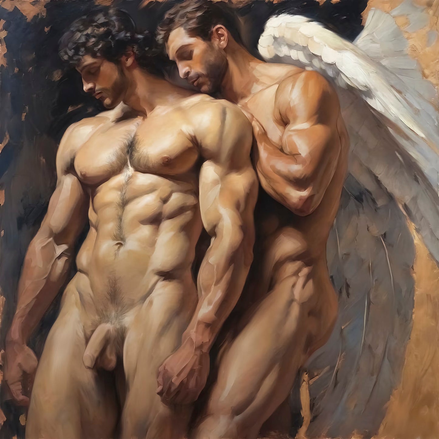 Muscle Male Couple Hugging Nude Figures, Angel Wings, Gay Art Download