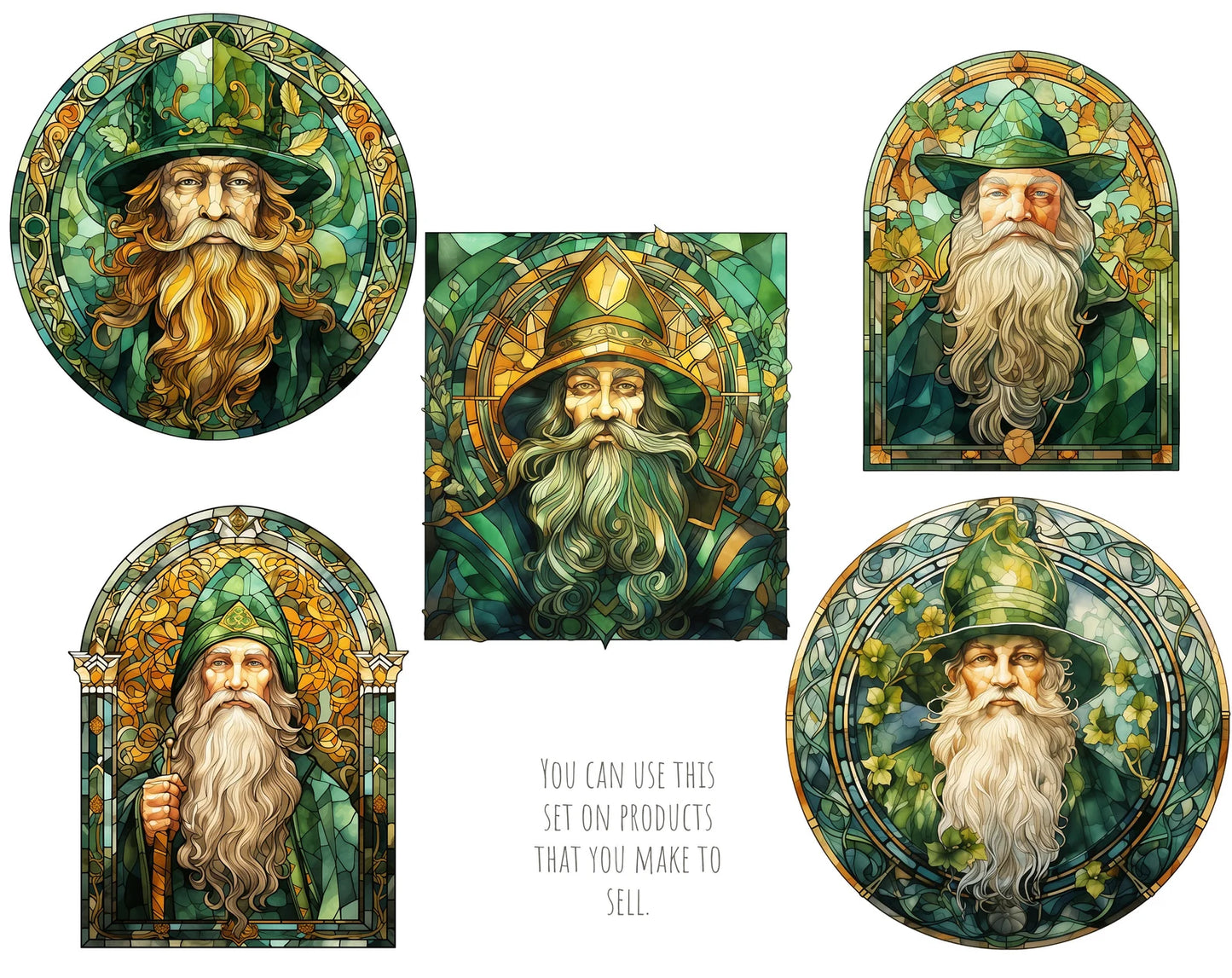 St. Patrick and Leprechaun Stained Glass Clipart Set
