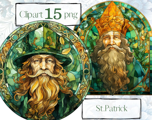 St. Patrick and Leprechaun Stained Glass Clipart Set