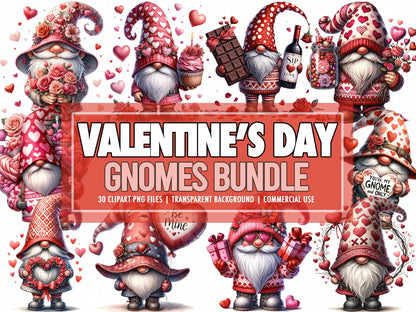 Valentines Day Gnome Clipart PNG Bundle of 30