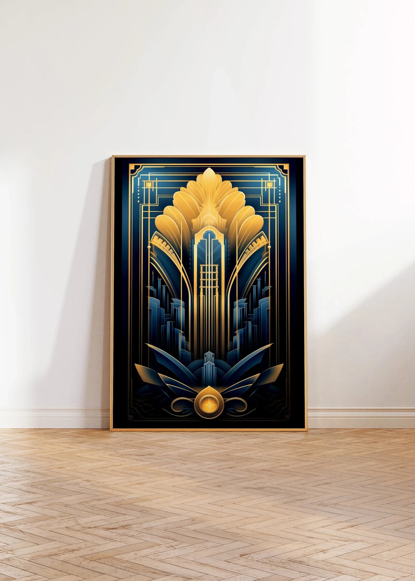 Navy Blue Gold Modern Art Deco SkyLine Art Print, Stylish Art Deco Poster, Vintage Wall Art