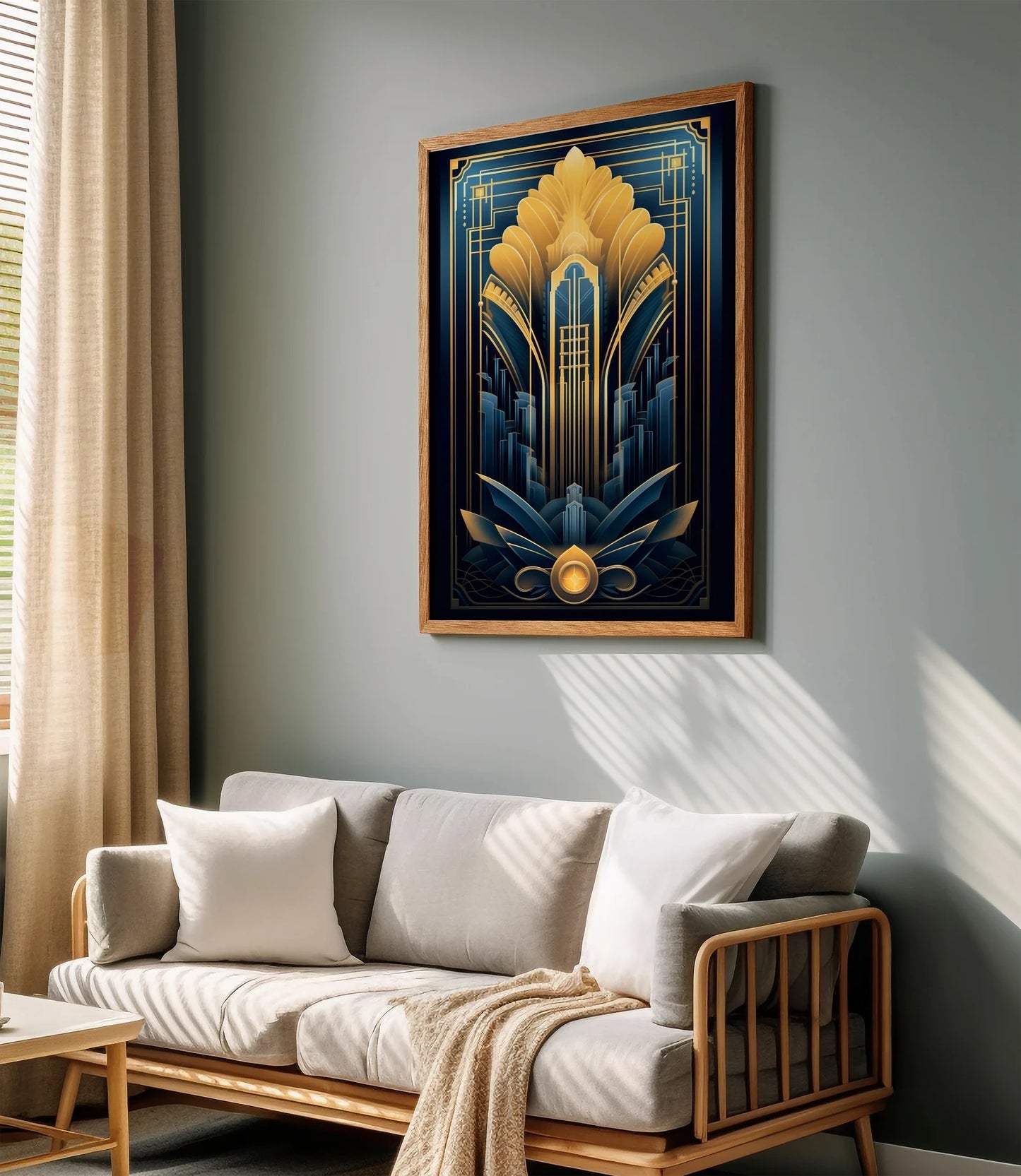 Navy Blue Gold Modern Art Deco SkyLine Art Print, Stylish Art Deco Poster, Vintage Wall Art