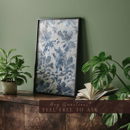 Muted Vintage Textile Art Print, Neutral Abstract Floral Pattern, Blue Botanical Japanese Wall Art, Printable Digital Antique Art Download