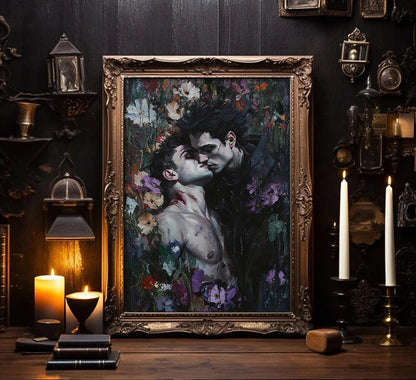 Gothic Gay Art Vampire Lovers Kissing Canvas Print Dark Romantic Decor