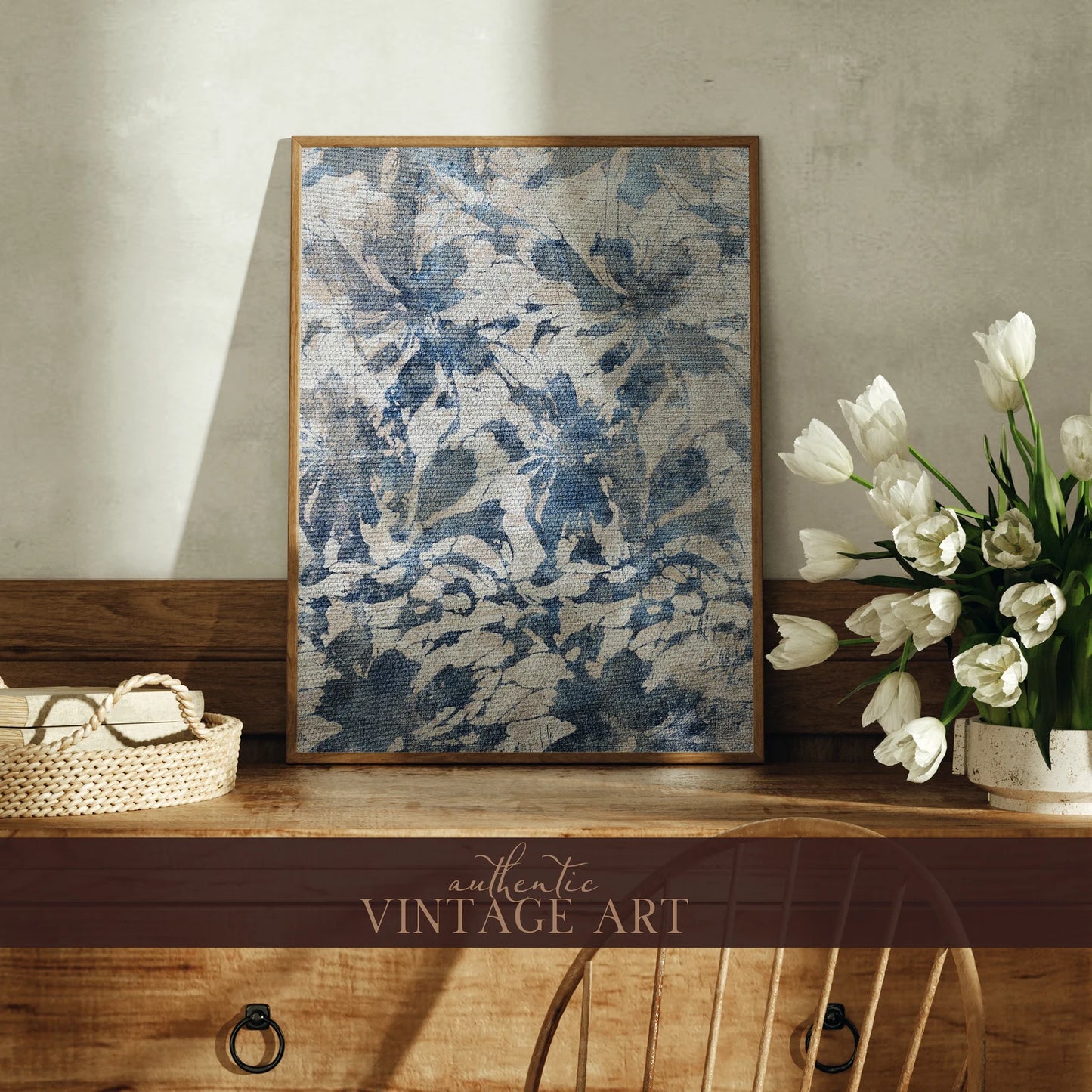 Muted Vintage Textile Art Print, Neutral Abstract Floral Pattern, Blue Botanical Japanese Wall Art, Printable Digital Antique Art Download