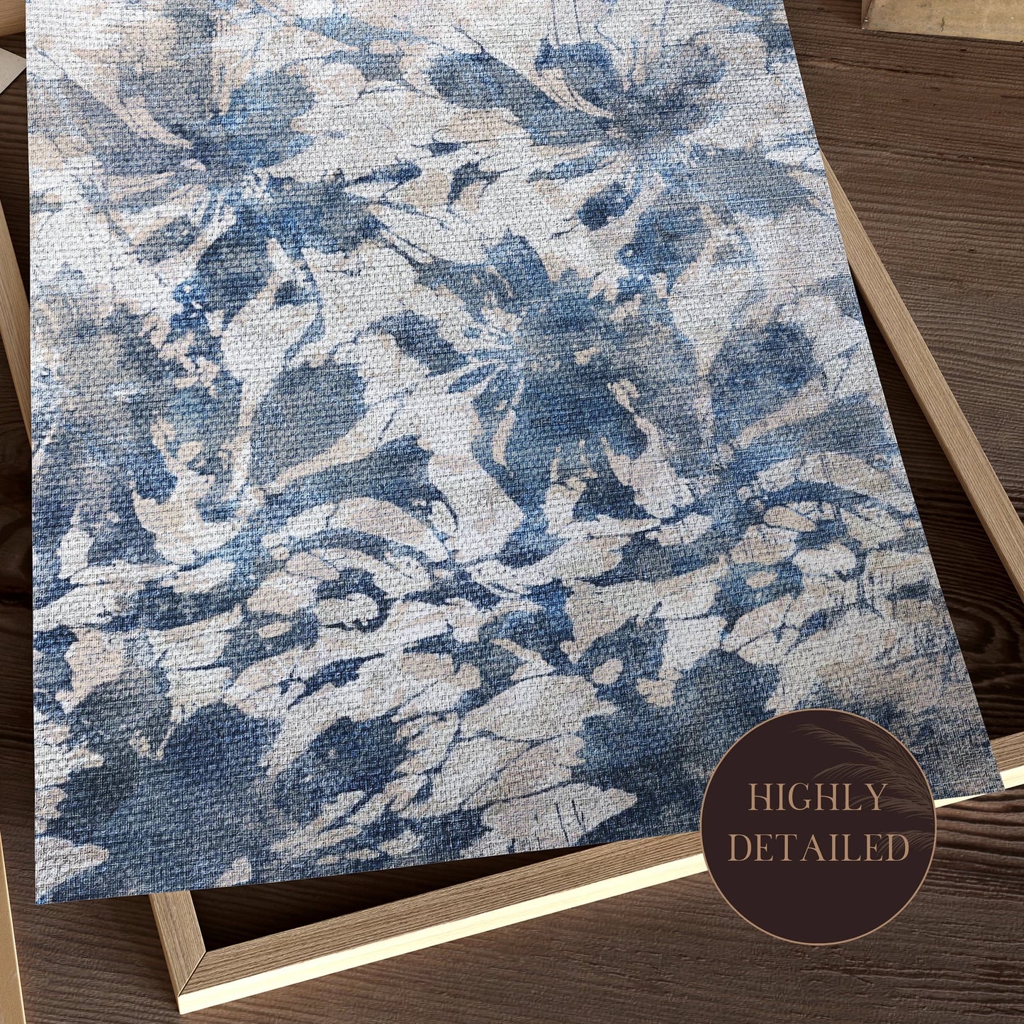 Muted Vintage Textile Art Print, Neutral Abstract Floral Pattern, Blue Botanical Japanese Wall Art, Printable Digital Antique Art Download