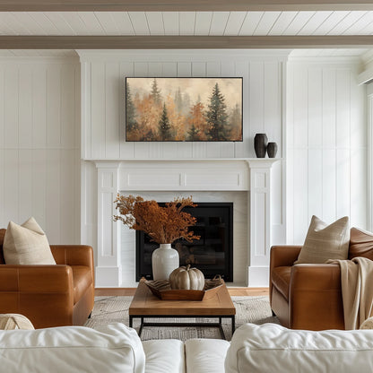 Fall Trees Frame TV Art, Autumn Landscape Painting, Rustic Country Forest