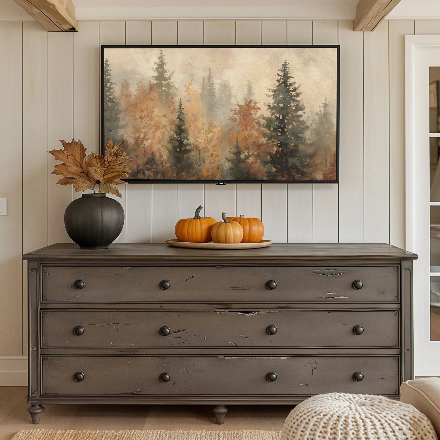 Fall Trees Frame TV Art, Autumn Landscape Painting, Rustic Country Forest