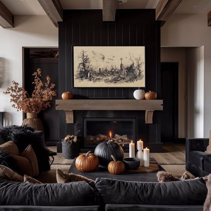 Graveyard Halloween Frame TV Art, Spooky Landscape Night Drawing