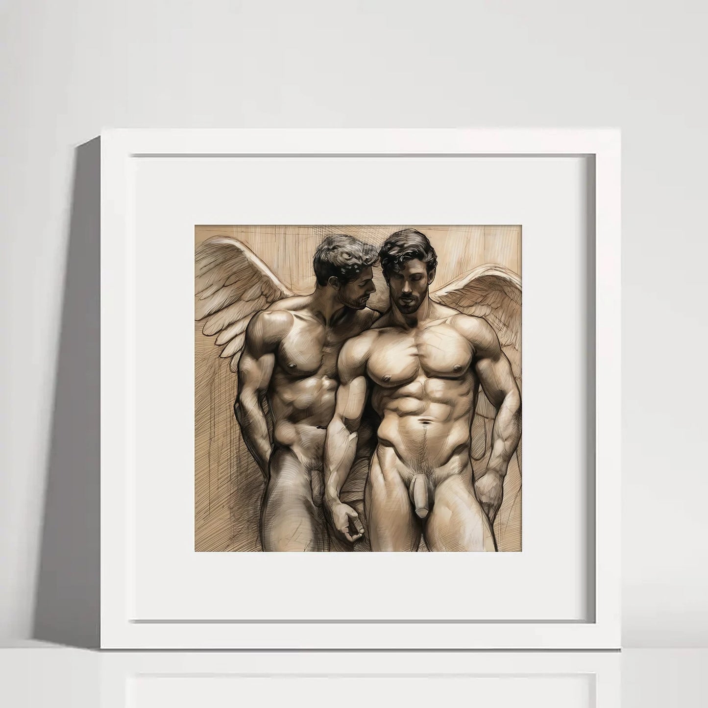 Male Couple Angelic Illustration: Gay Couple, Muscled Torso - Canvas Wall Art
