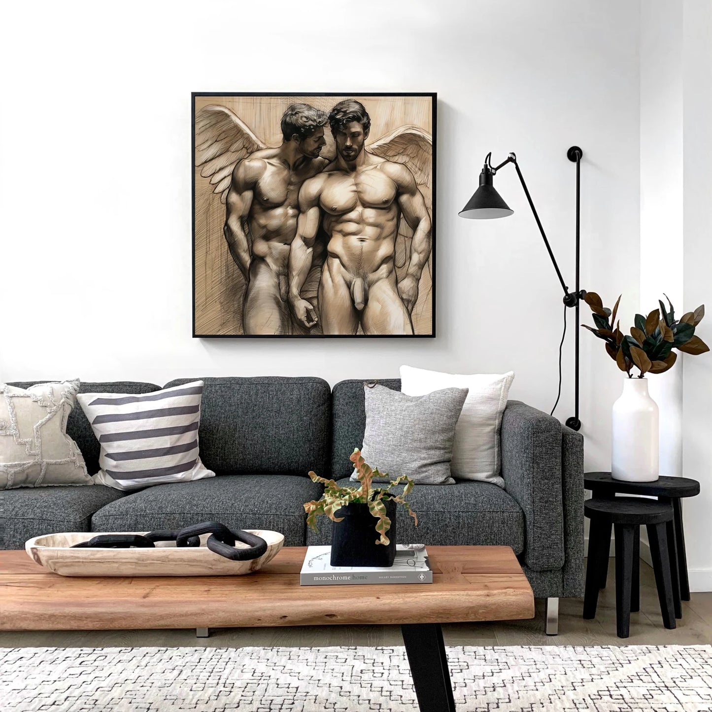 Male Couple Angelic Illustration: Gay Couple, Muscled Torso - Canvas Wall Art