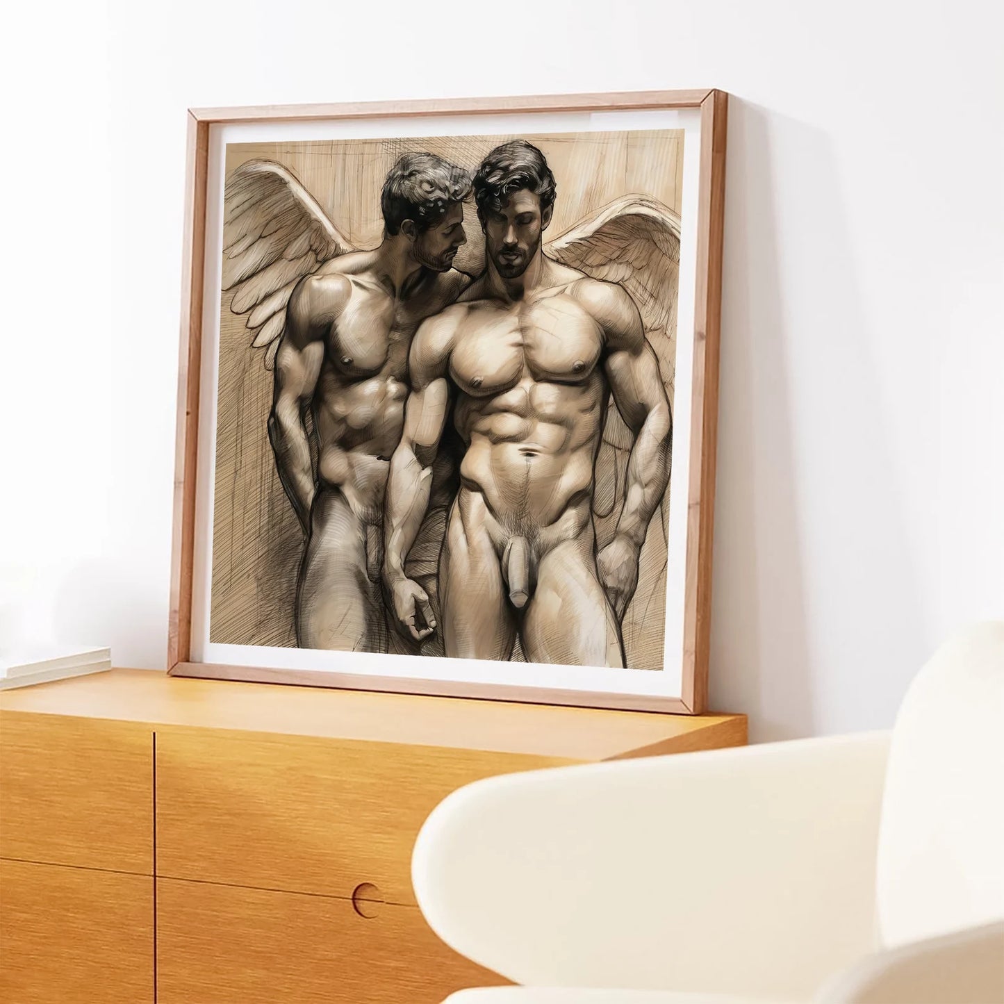Male Couple Angelic Illustration: Gay Couple, Muscled Torso - Canvas Wall Art