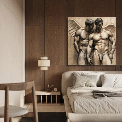 Male Couple Angelic Illustration: Gay Couple, Muscled Torso - Canvas Wall Art