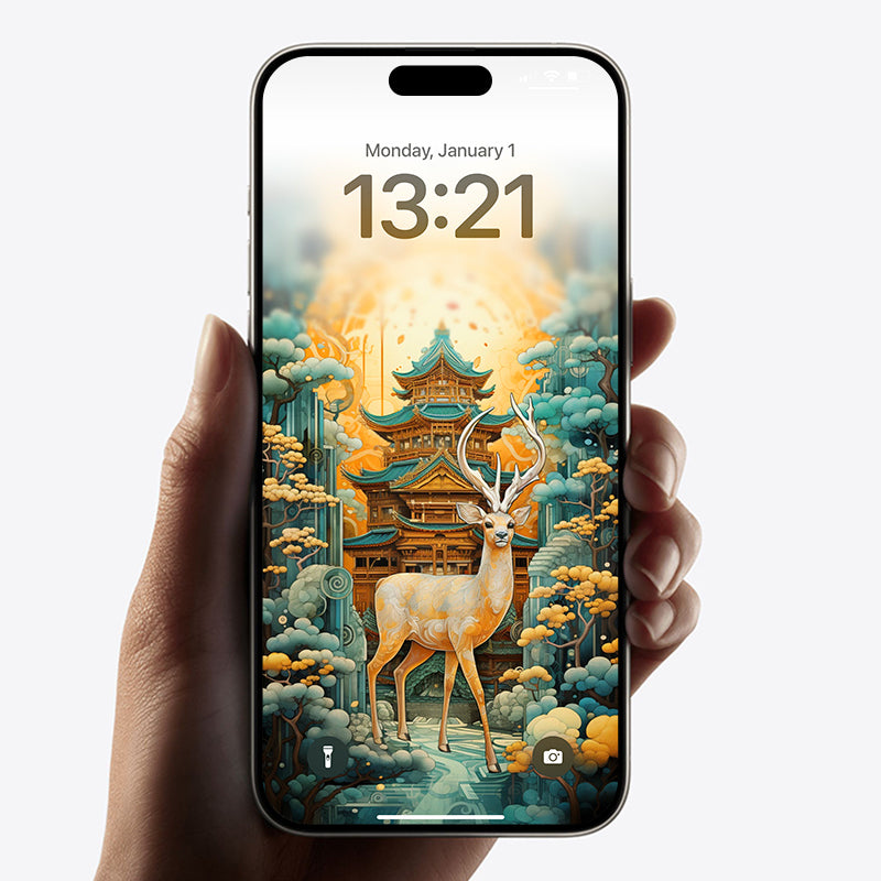 Temple in Forest and Deer Wallpaper