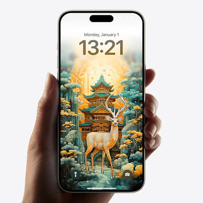 Temple in Forest and Deer Wallpaper