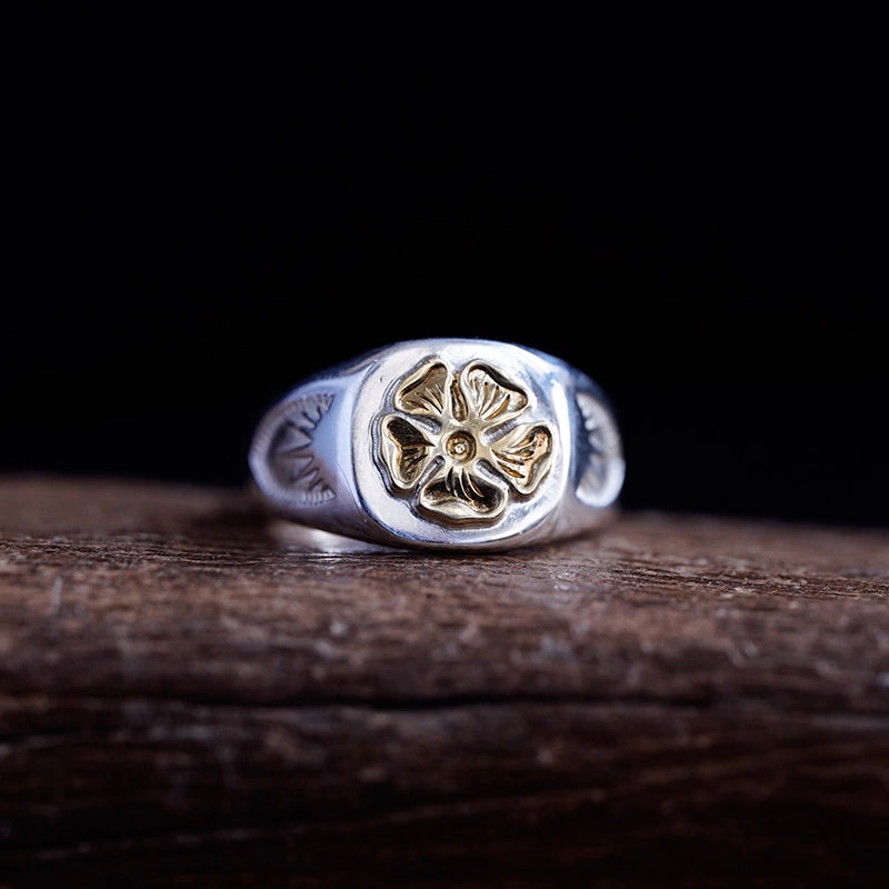 18K Gold Japanese Rose Silver Ring Rosa Multiflora Rose Ring