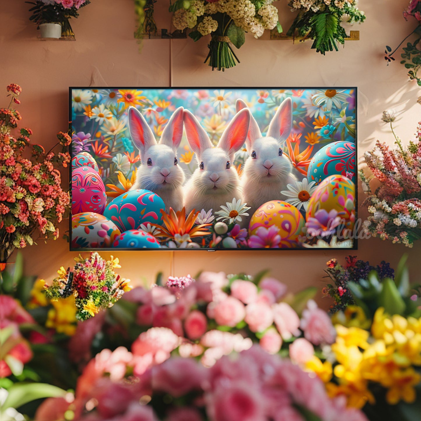 Cute Easter Bunnies Flowers Frame TV Art Wallpaper