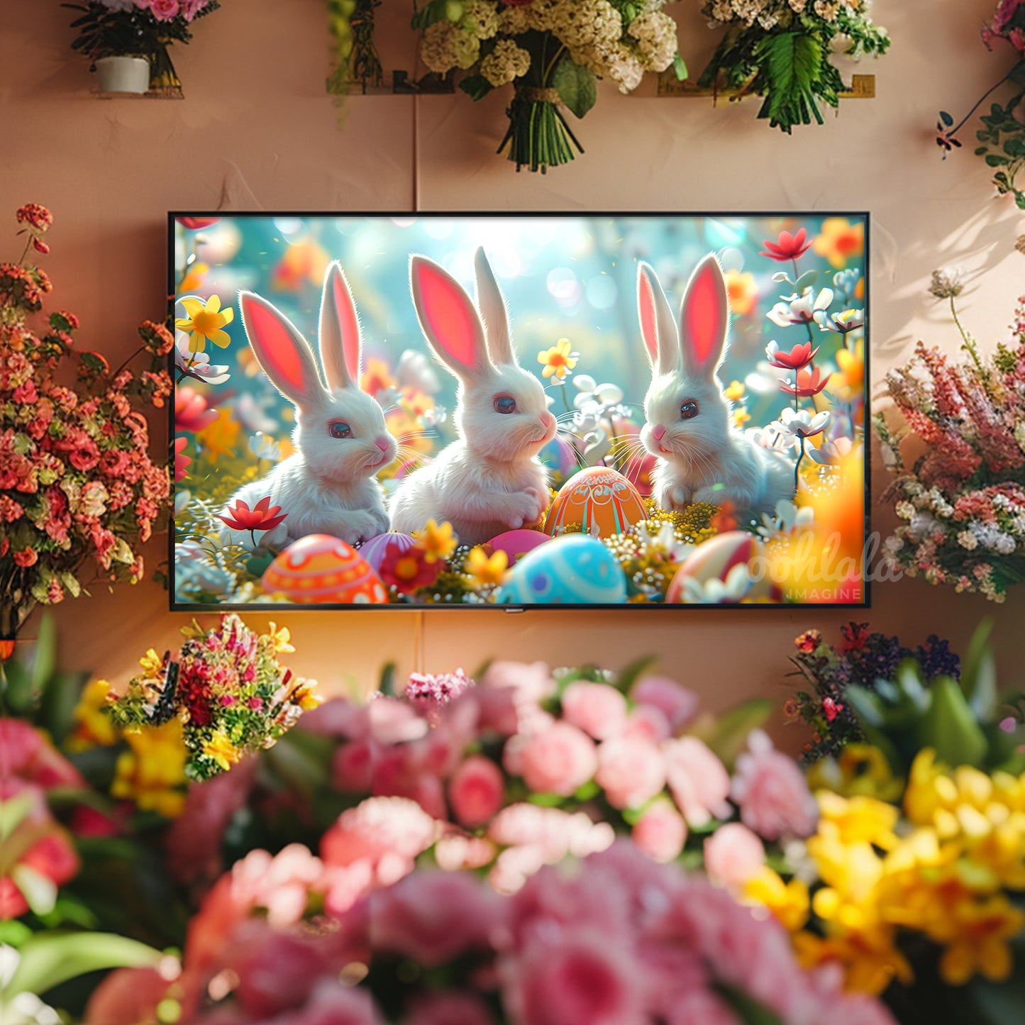 Adorable Easter Bunnies Flowers Frame TV Art Wallpaper