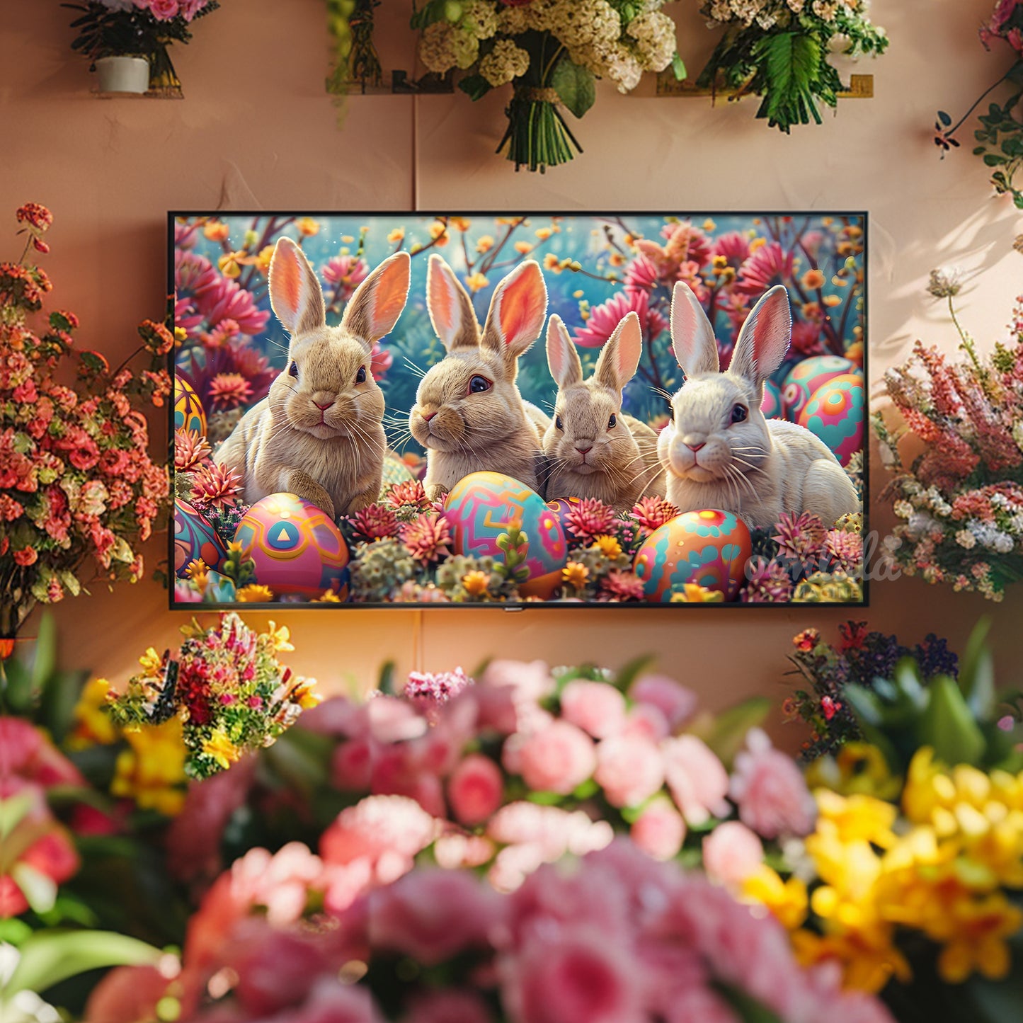 Easter Bunnies in Flower Garden Frame TV Art Wallpaper