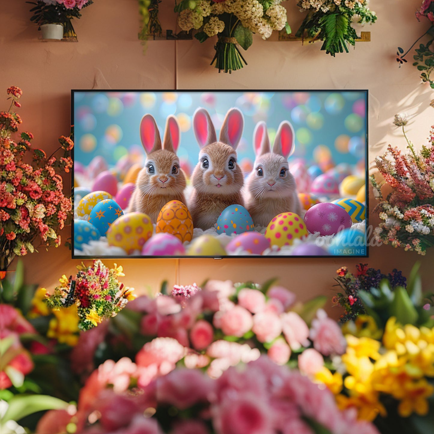 Kawaii Easter Bunnies Flowers Frame TV Art Wallpaper