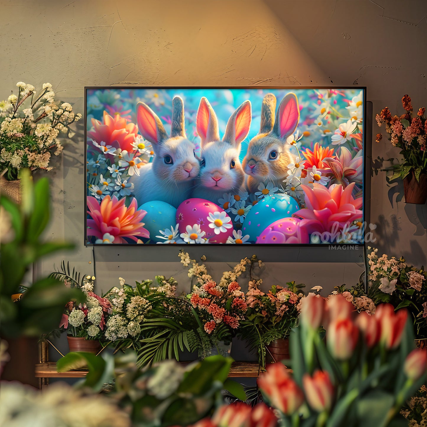 Easter Bunnies Flowers Frame TV Art Wallpaper