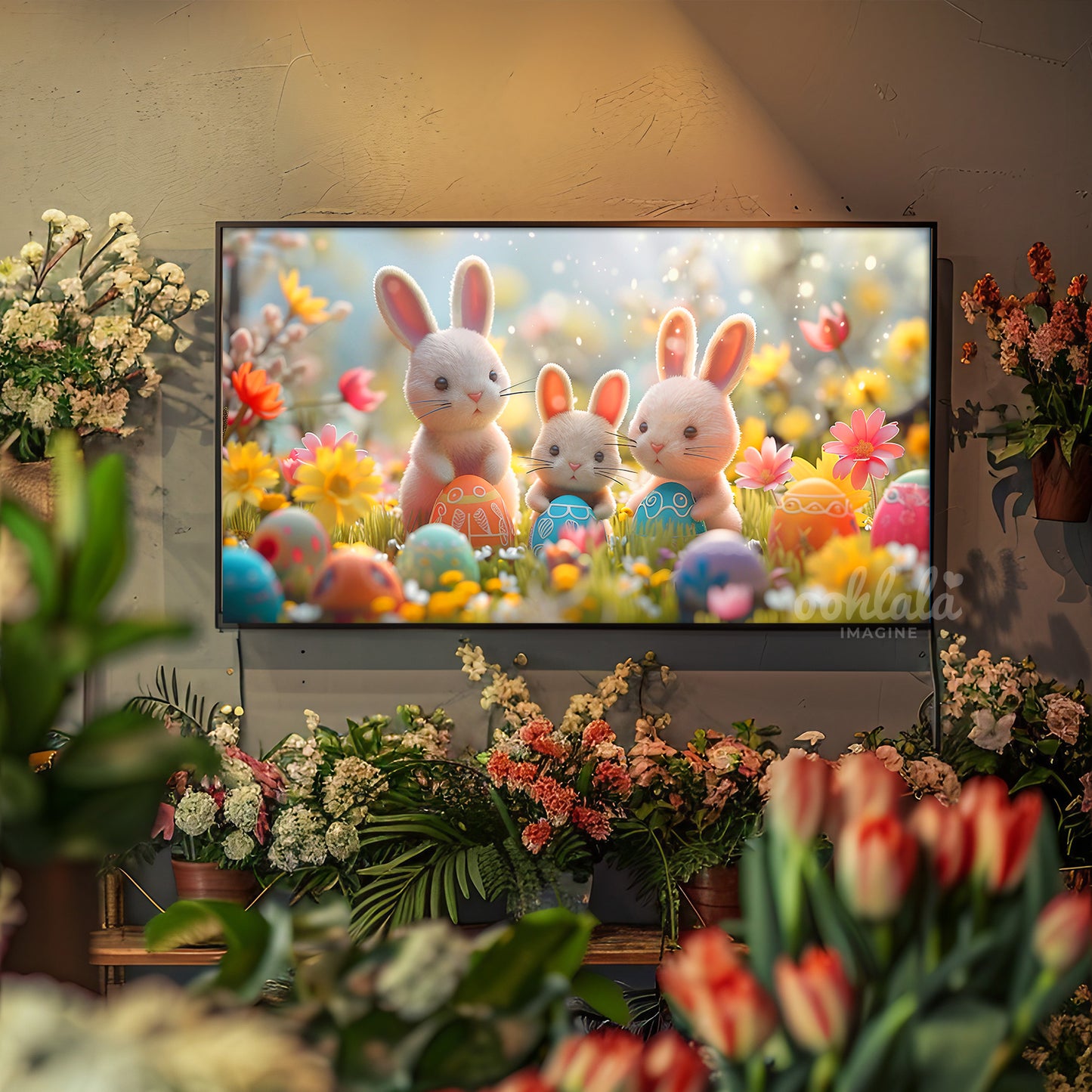 Cute Easter Bunnies Flower Garden Frame TV Art Wallpaper