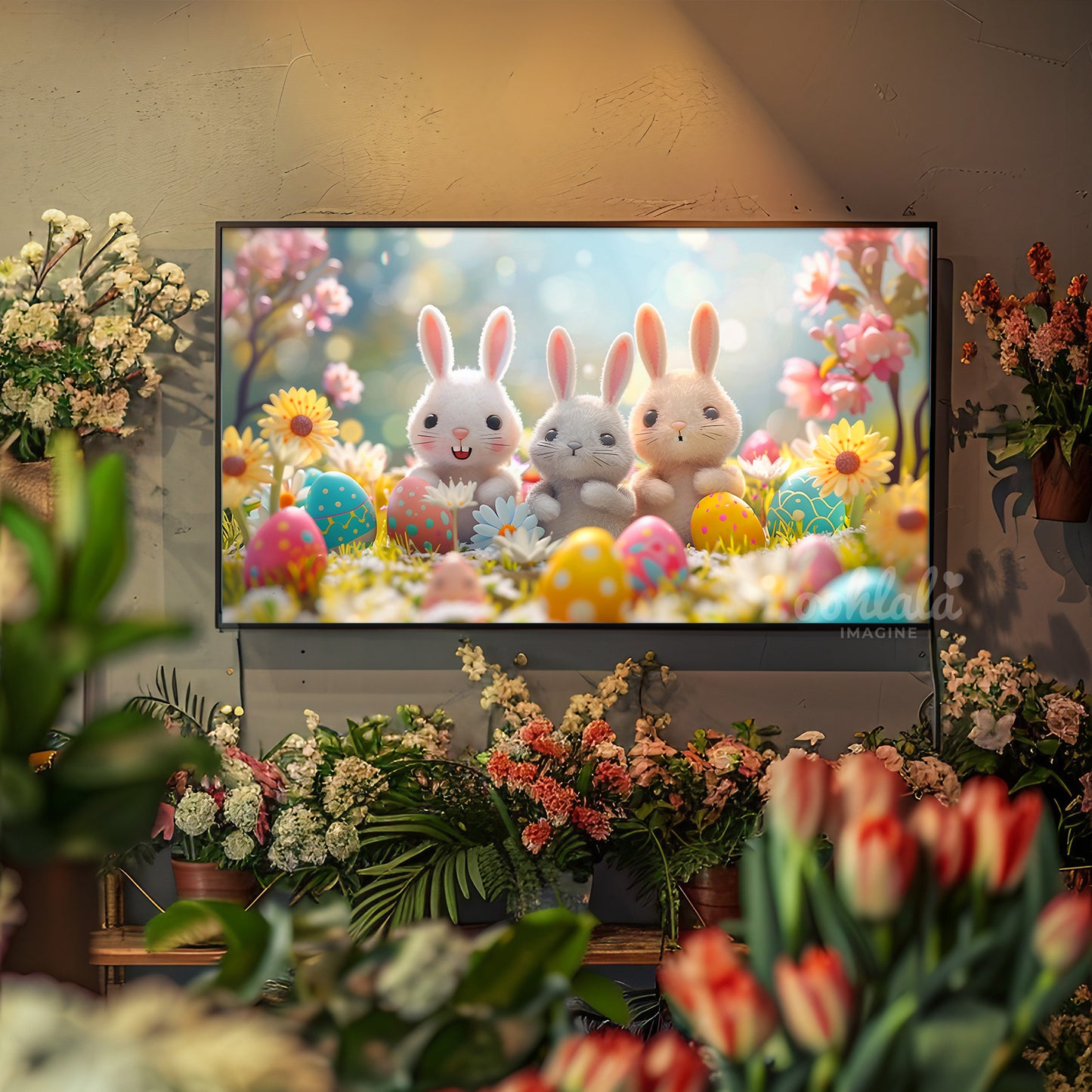 Kawaii Easter Bunny Flowers Decor Frame TV Art Wallpaper