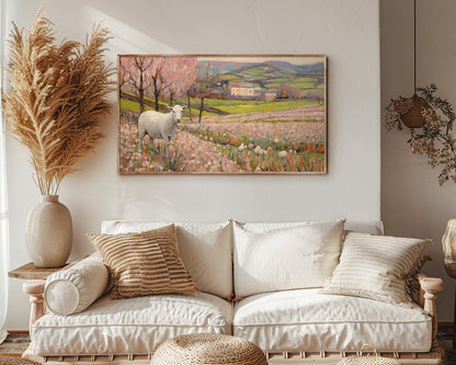 Sheep and Flower Meadow Landscape Frame TV Wallpaper